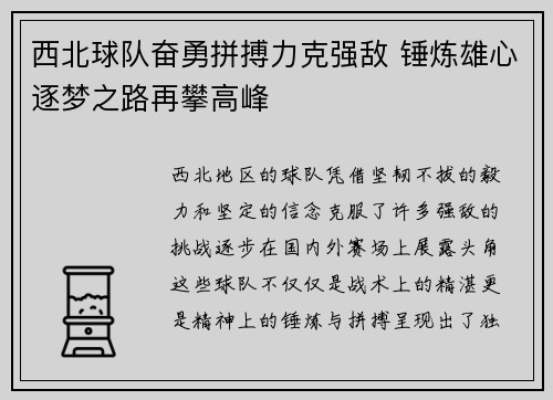 西北球队奋勇拼搏力克强敌 锤炼雄心逐梦之路再攀高峰